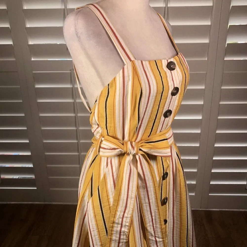 NEW Fashion On Earth Yellow Striped Sundress Small Backless Button Front Summer